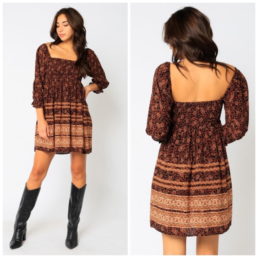 NEW! BLACK RUST SQUARE NECK PUFF SLEEVES PRINTED SMOCKED FULLY LINED DRESS!